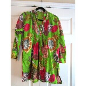 JP and Mattie Tunic Womens Small Boho Floral Top Button Front Crinkle Cotton Shi